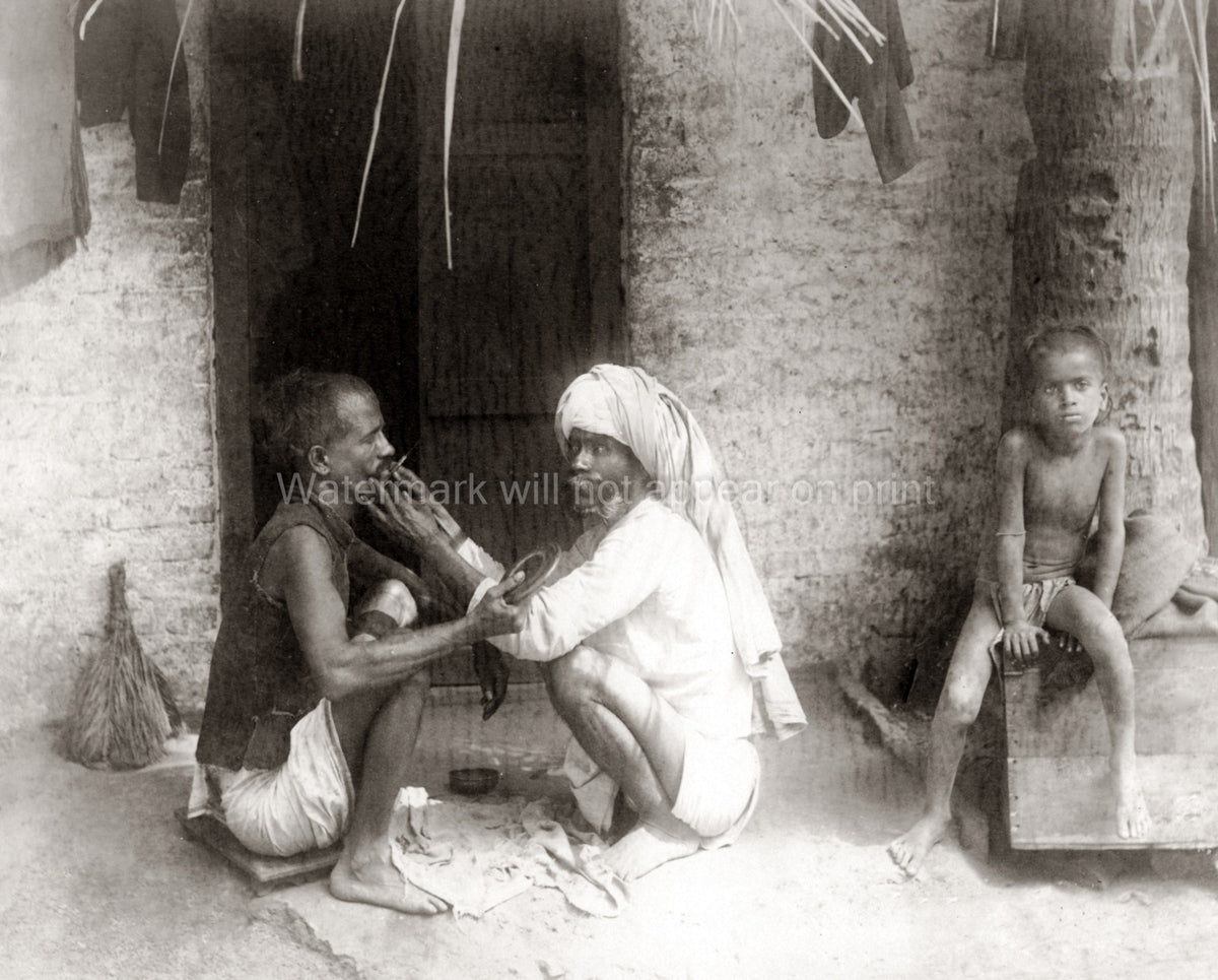 India Street Barber Shaving Man Child Turban Rustic Scene Vtg. Photo 19thC.