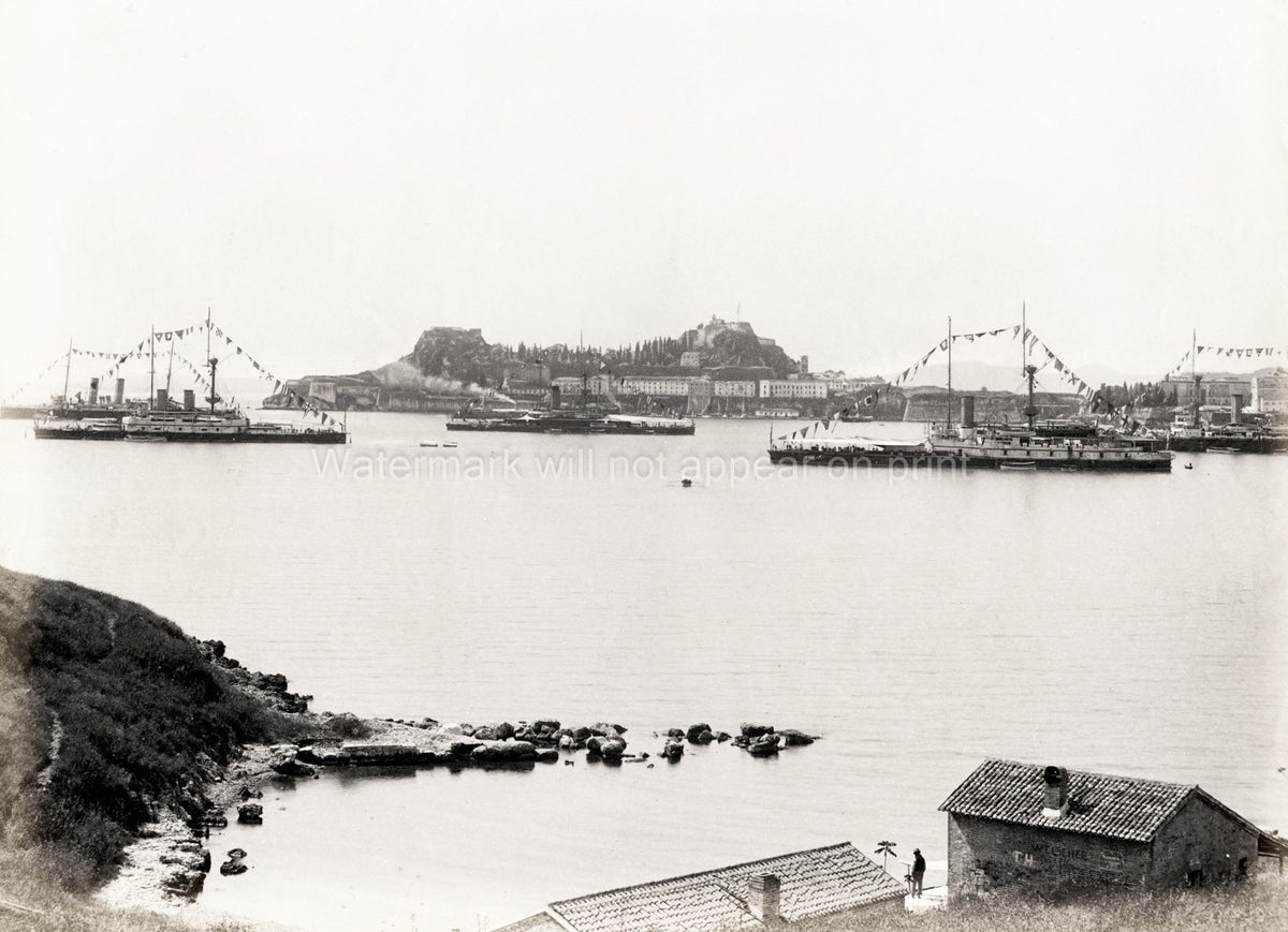 Corfu Greece Harbor Naval Fleet Warships Old Fortress Vtg. Photo 19thC.