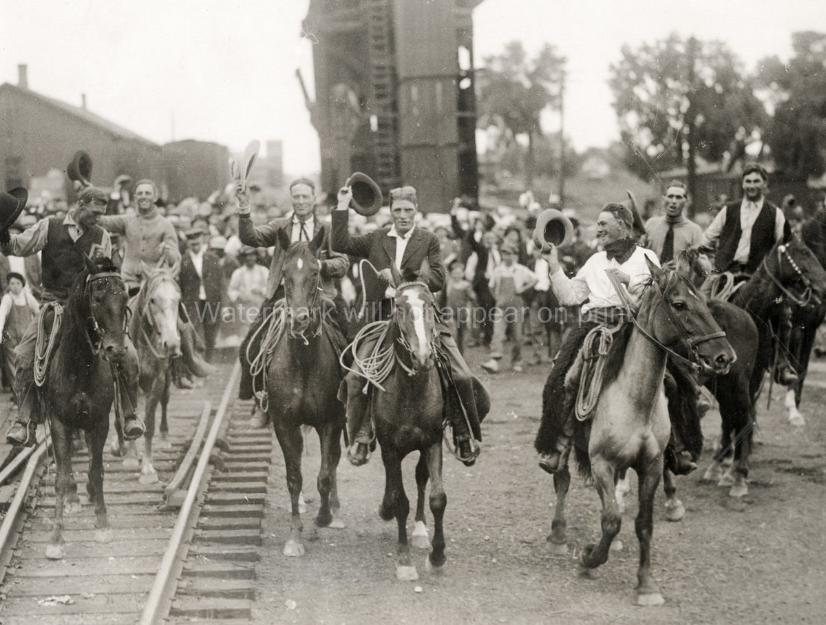 Cheering Cowboys Horses Ride Railway Tracks Parade Crowd USA Vtg. Photo 20thC.