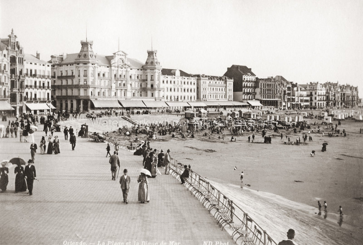 Ostend Belgium Seafront Promenade Beach Hotels Crowds Vtg. Photo 19thC.