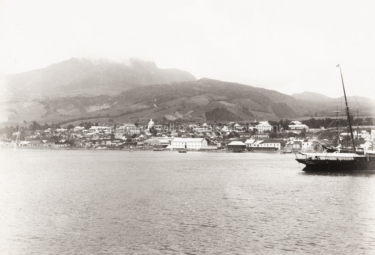 St. Pierre Martinique Harbor View Mount Pele Sailing Ship Vtg. Photo 19thC.