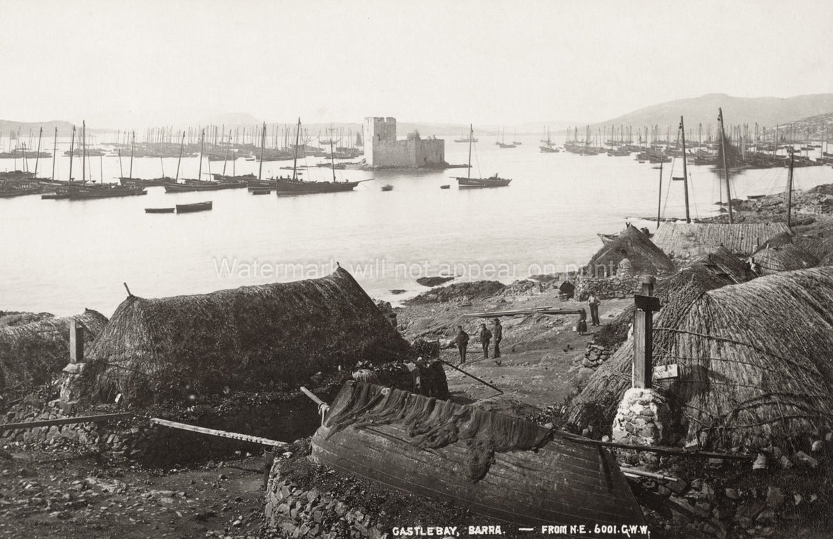 Castlebay Outer Hebrides Scotland Fishing Boats Harbor Village Vtg. Photo 19thC.