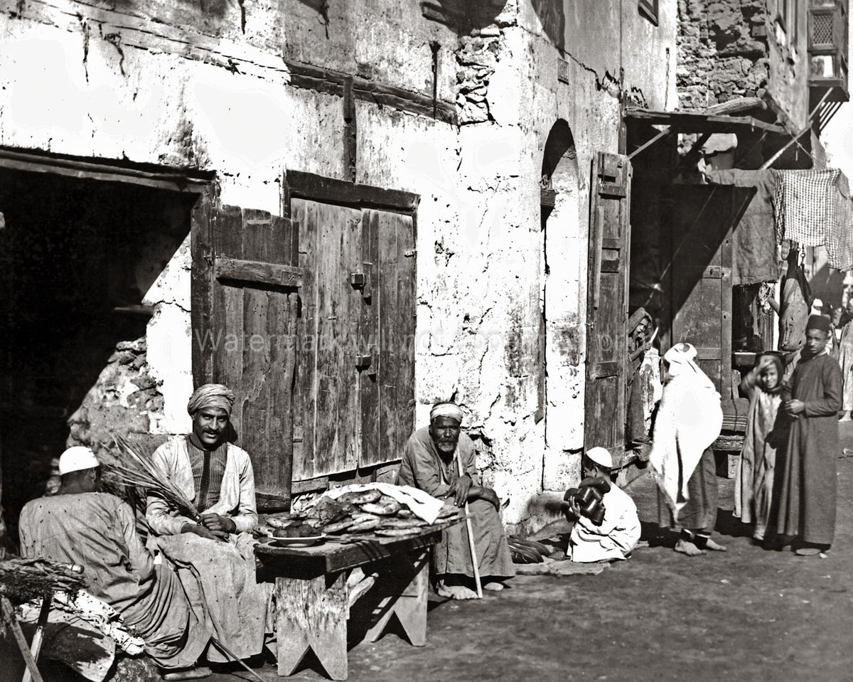 Old Cairo Egypt Street Scene Market Vendors People Vtg. Photo 19thC.