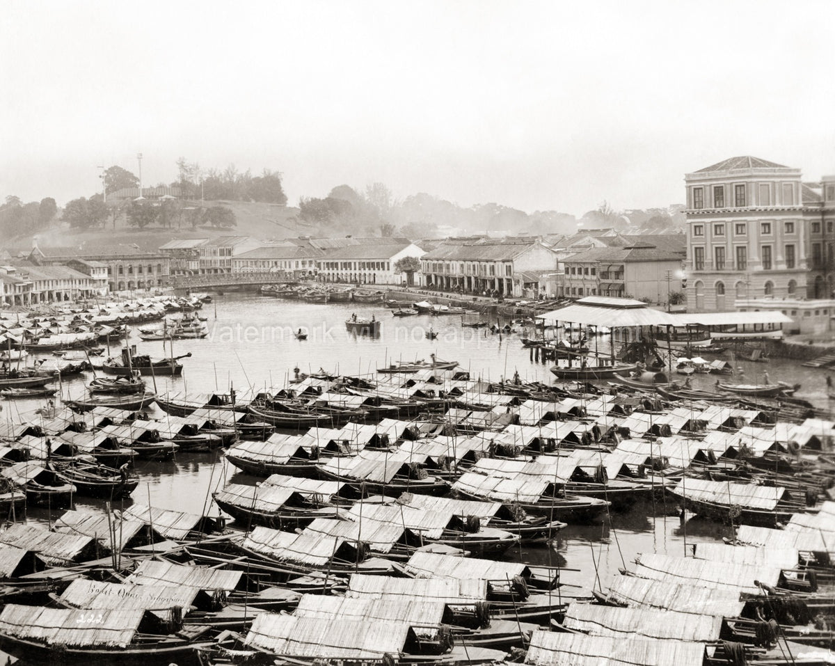 Singapore River Boat Quay Sampans Shophouses Cityscape Port Vtg. Photo 19thC.