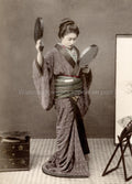 Young Japanese Woman Mirrors Kimono Traditional Dress Vtg. Photo 19thC.
