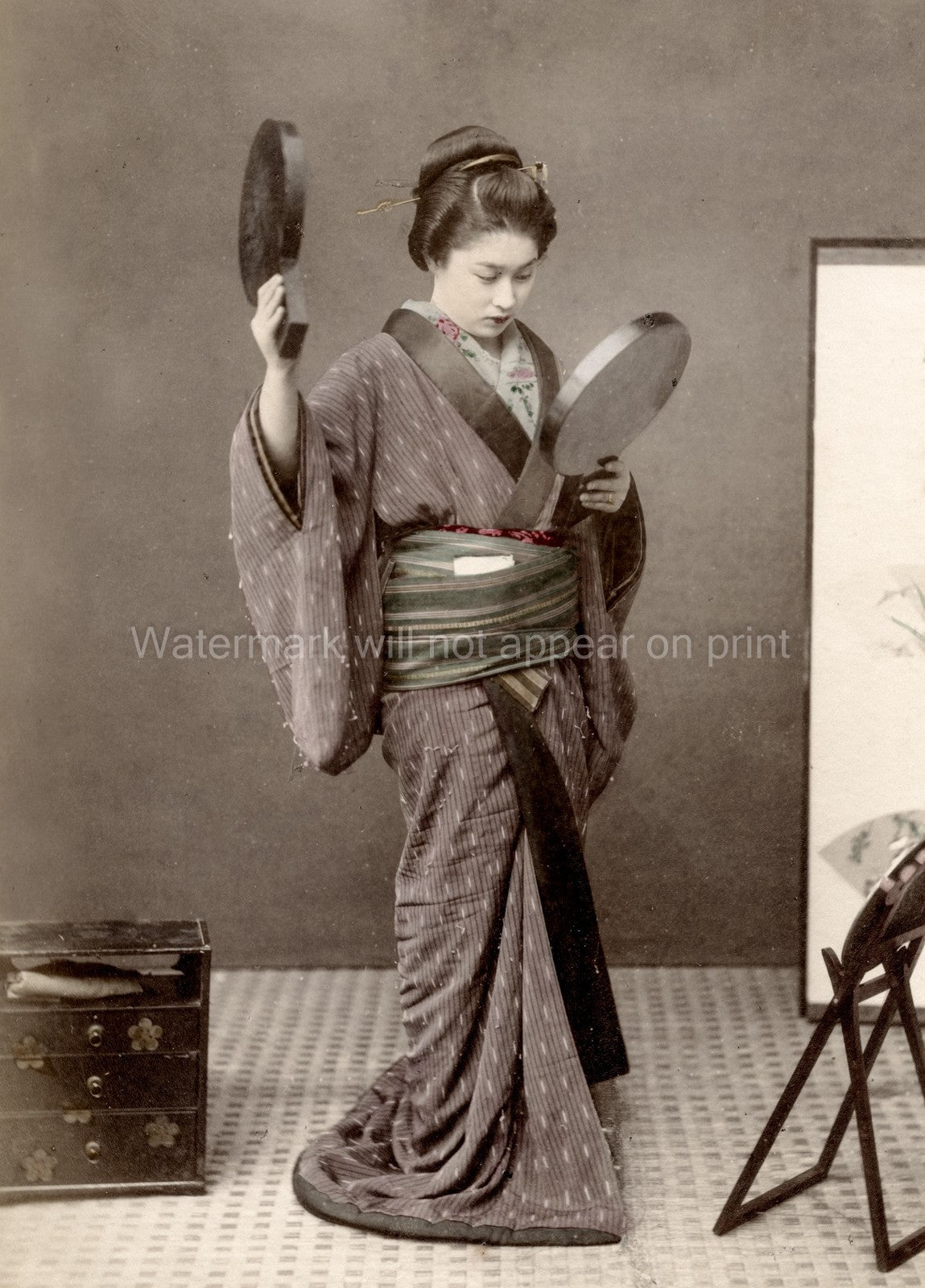 Young Japanese Woman Mirrors Kimono Traditional Dress Vtg. Photo 19thC.