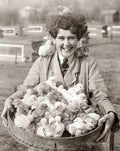 Young Woman Basket Easter Chicks Poultry Farm Smile Vtg. Photo 20thC.