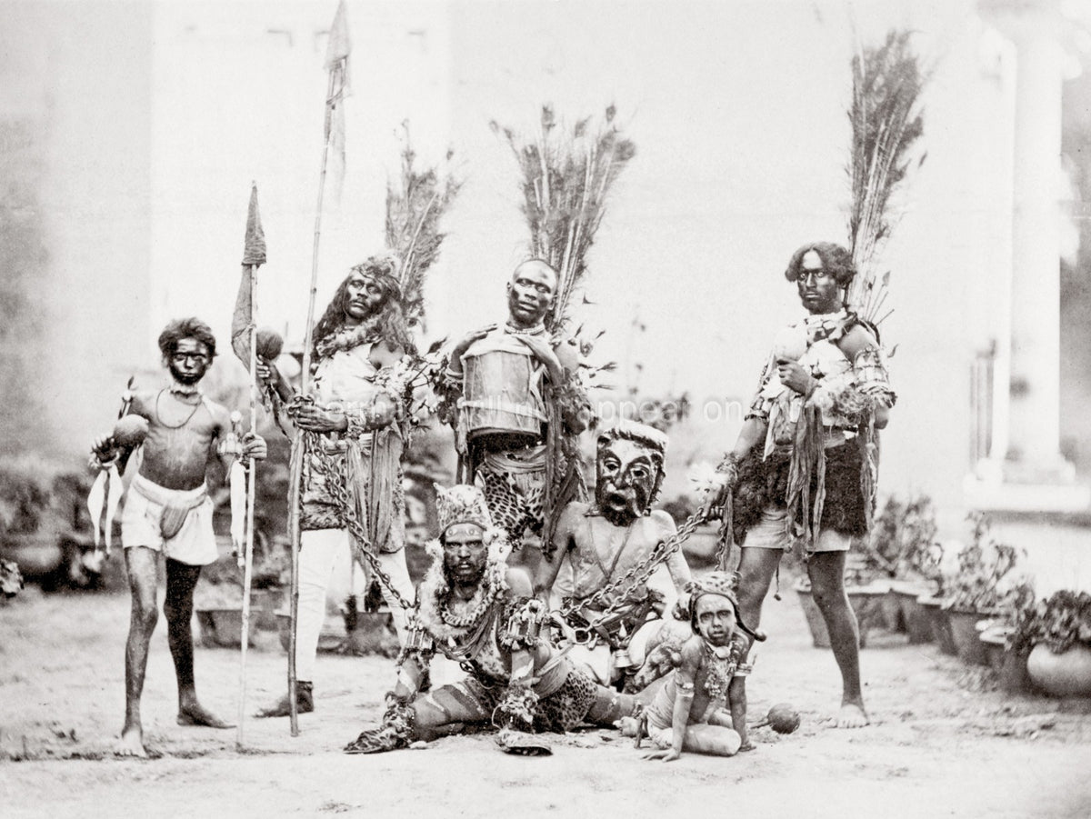 Tribal Dancers Costume Drums Spears Masks Feathers Vtg. Photo 19thC.