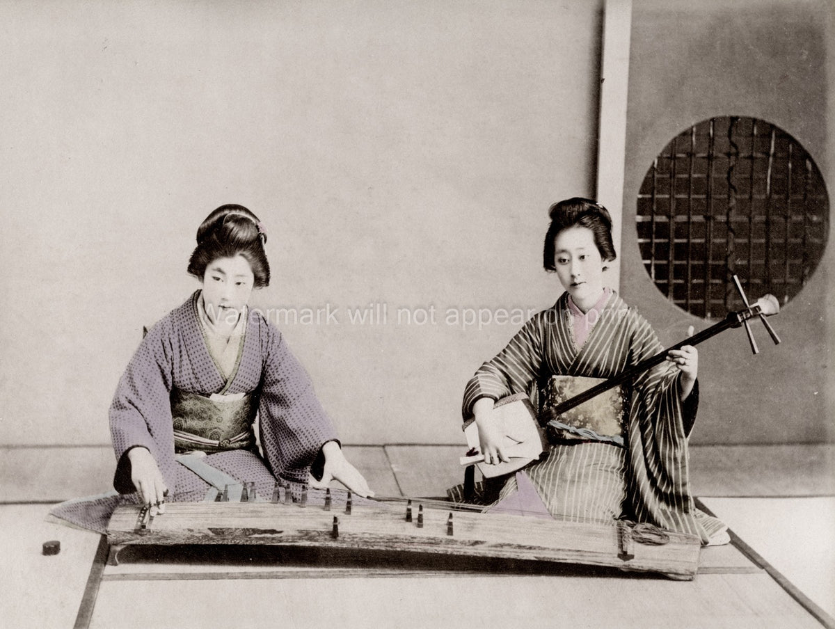 Japanese Musicians Women Geisha Kimono Koto Shamisen Music Vtg. Photo 19thC.