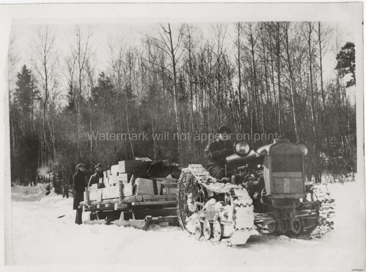 Pulling Supplies In Snow Tractor Tracks Men Winter Forest Vtg. Photo 20thC.