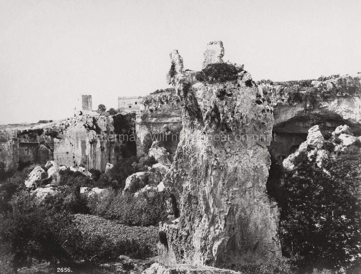 Syracuse Sicily Latomie del Paradiso Quarry Cave Cliffs Vtg. Photo 19thC.