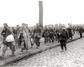 WW1 German Prisoners Marching Soldiers Captured Cobblestone Road Vtg. Photo