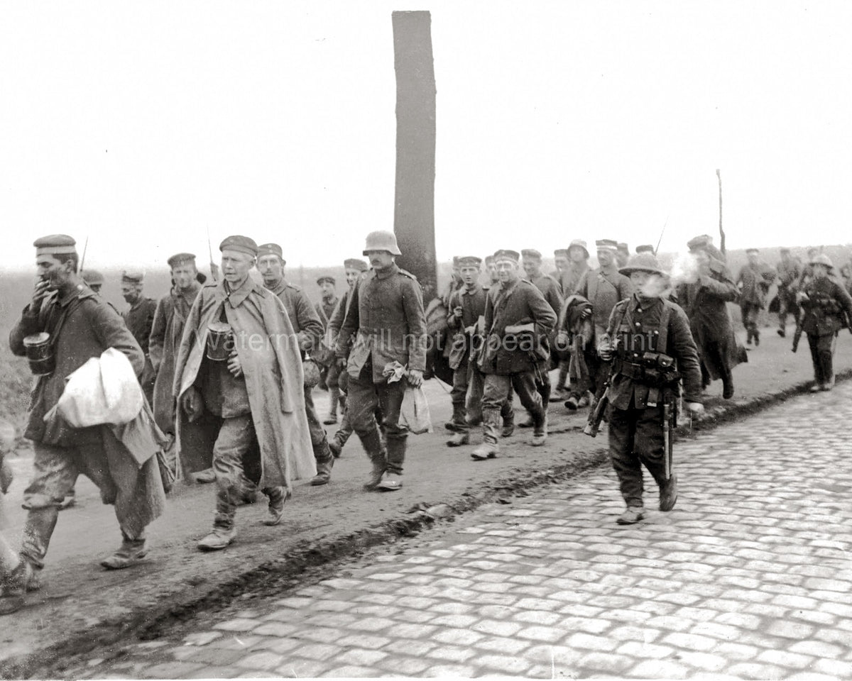 WW1 German Prisoners Marching Soldiers Captured Cobblestone Road Vtg. Photo