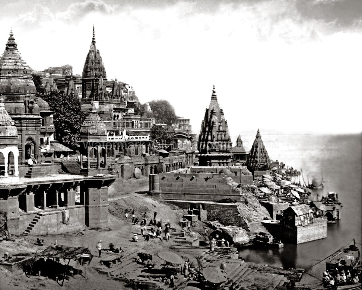 Benares Varanasi India Ghats Temples Ganges River Cityscape Vtg. Photo 19thC.