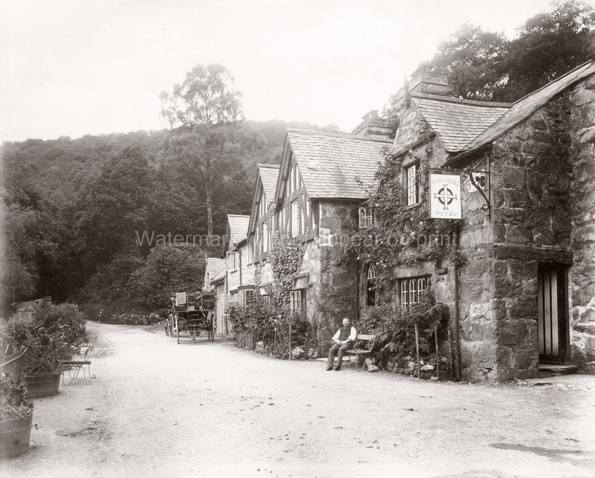 Tyn-Y-Groes Hotel Wales Stone Building Man Bench Carriage Vtg. Photo 19thC.