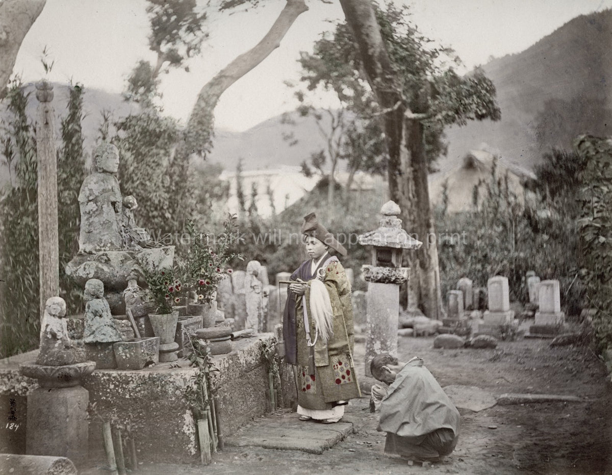 Japan Priests Buddhist Monks Graveyard Cemetery Ritual Statues Vtg. Photo 19thC.