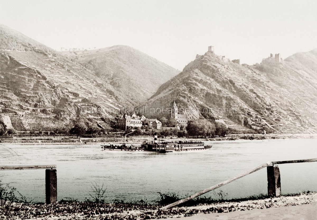 Boppard Germany River Rhine Landscape Castle Ruins Steamer Vtg. Photo 19thC.