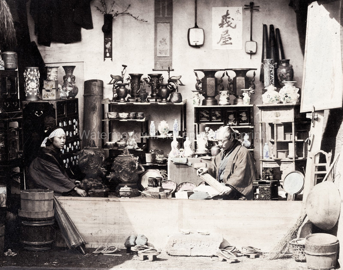 Japan Curio Souvenir Stall Shop Pottery Vases Merchants Vtg. Photo 19thC.
