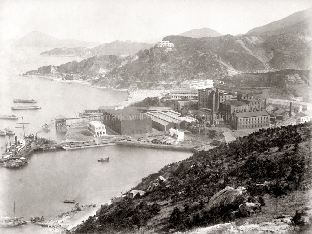 Hong Kong Factory Coastal View Harbor Ships Mountains Vtg. Photo 19thC.