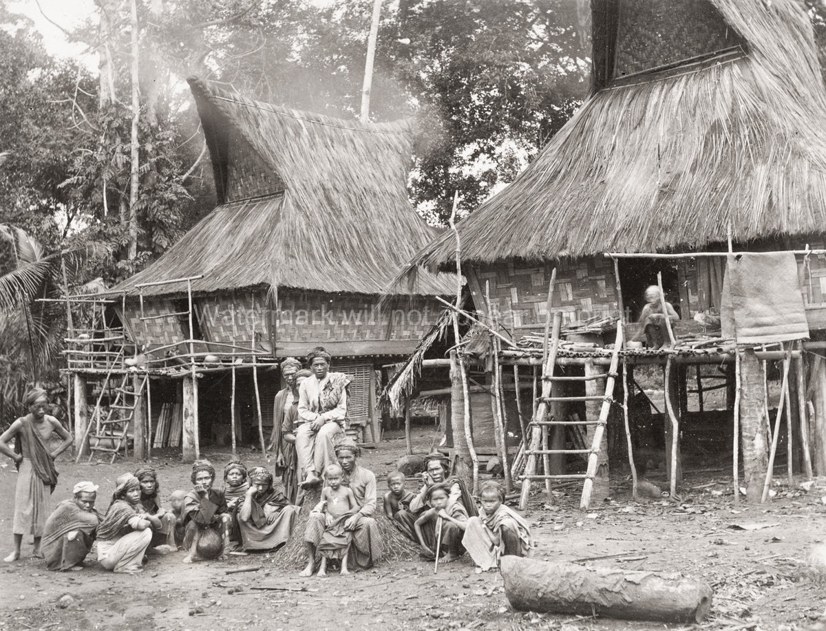Indigenous Batak Family Group Dutch East Indies Village Houses Vtg. Photo 19thC.