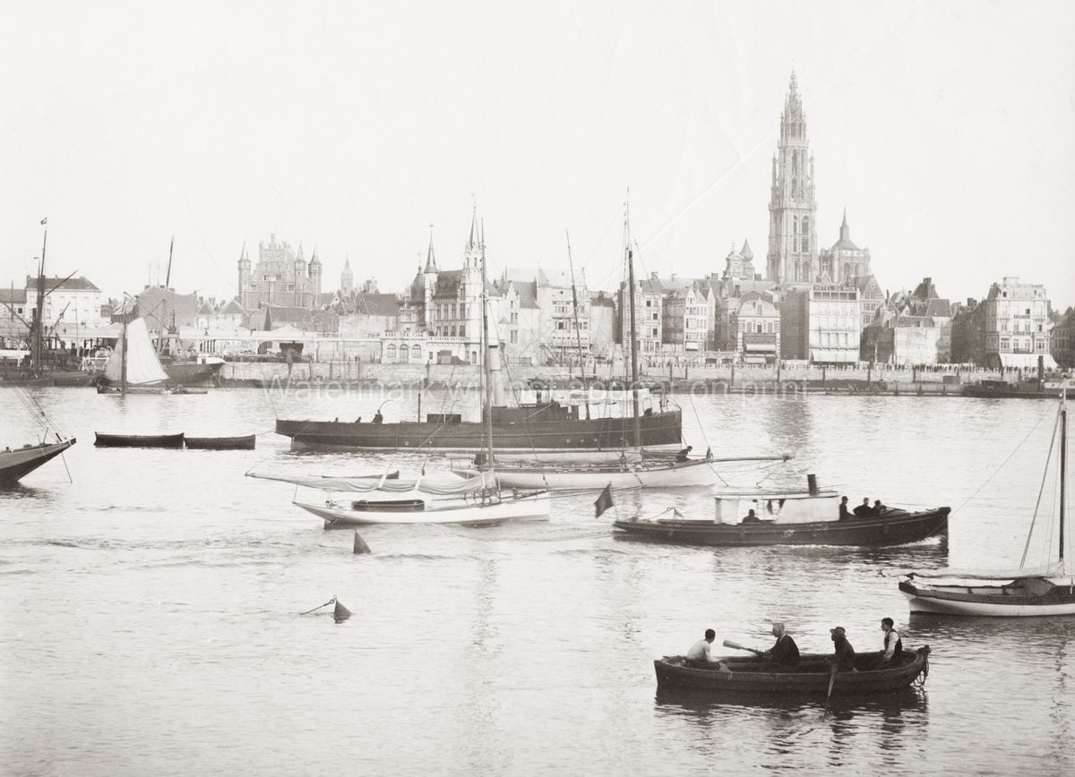 Anvers Antwerp Belgium City View River Boats Cathedral Vtg. Photo 19thC.