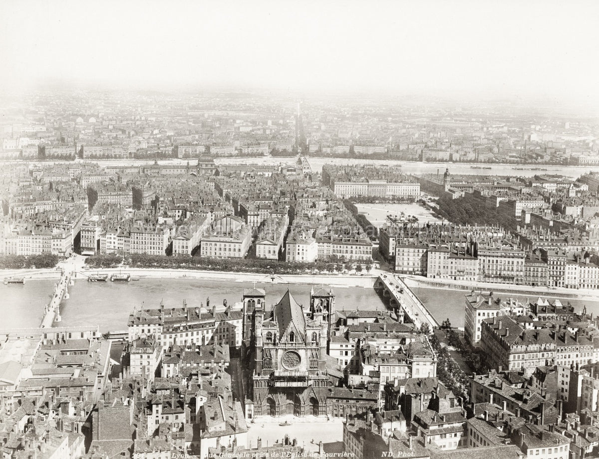 General View Centre Lyon France Cityscape Cathedral River Vtg. Photo 19thC.