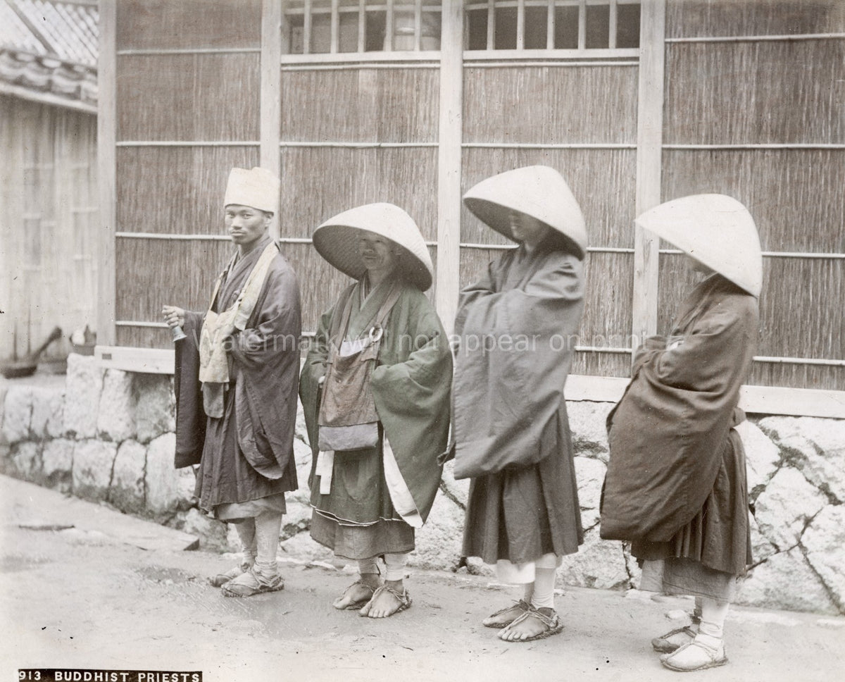 Japan Row Buddhist Priests Monks Traditional Robes Hats Vtg. Photo 19thC.
