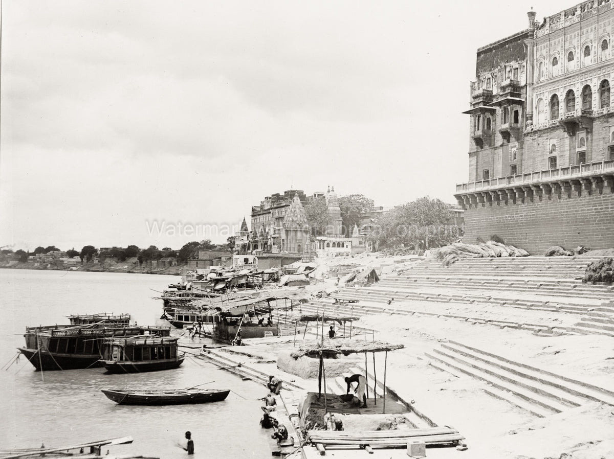 Varanasi Benares India Temple Ghat River Boats Palace Vtg. Photo 19thC.