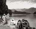 River Jhelum India Sikh Men Riverbank Landscape Mountains Vtg. Photo Late 19thC.