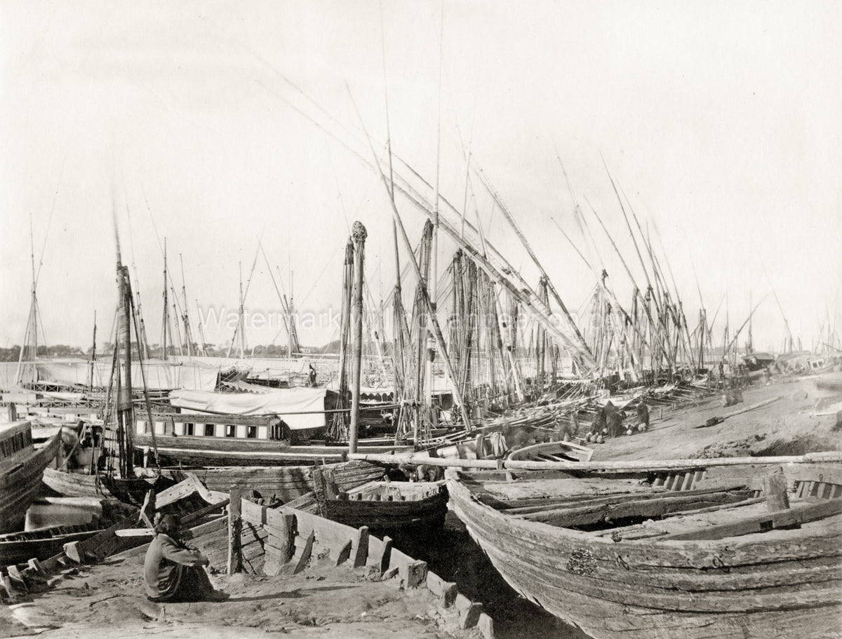 Egypt River Nile Boats Harbor Masts Sailing Ships Riverbank Vtg. Photo 19thC.