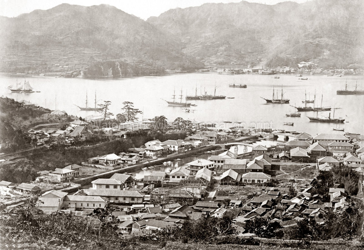 Hong Kong Harbor Port Town Waterfront Sailing Ships Mountains Vtg. Photo 19thC.