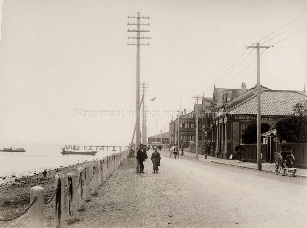 Yokohama Japan Bund Waterfront Pedestrians Rickshaw Buildings Vtg. Photo 19thC.