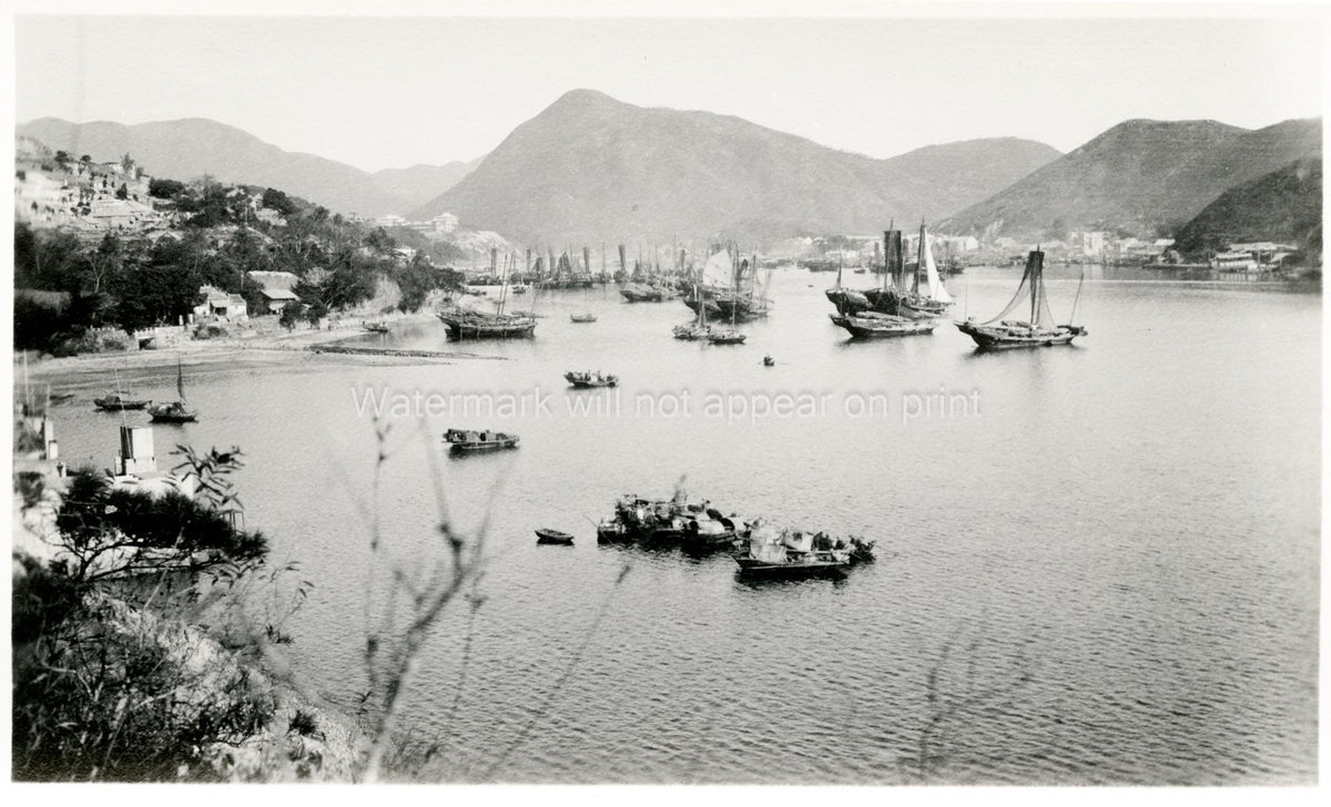 Hong Kong Harbor View Boats Junks Sampans Sailing Coastal Vtg. Photo 19thC.
