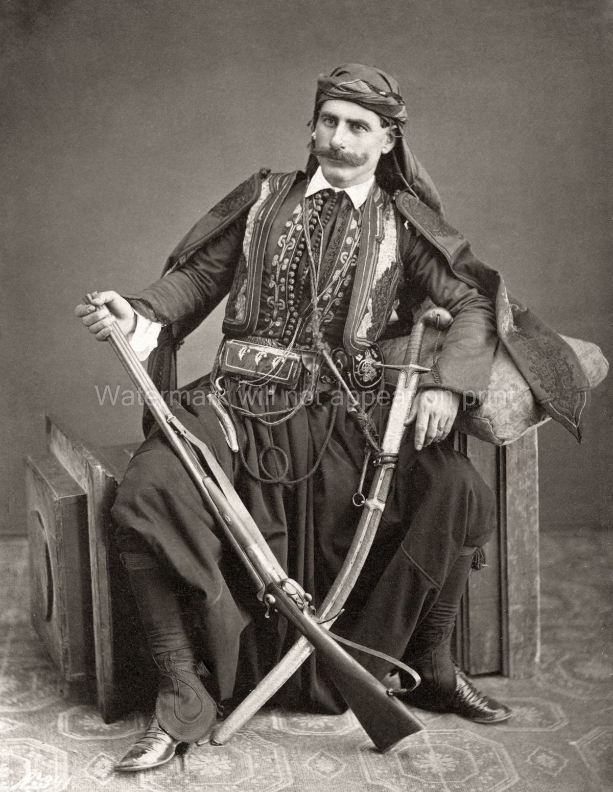 Turkey Dragoman Interpreter Guide Armed Man Costume Sword Vtg. Photo 19thC.
