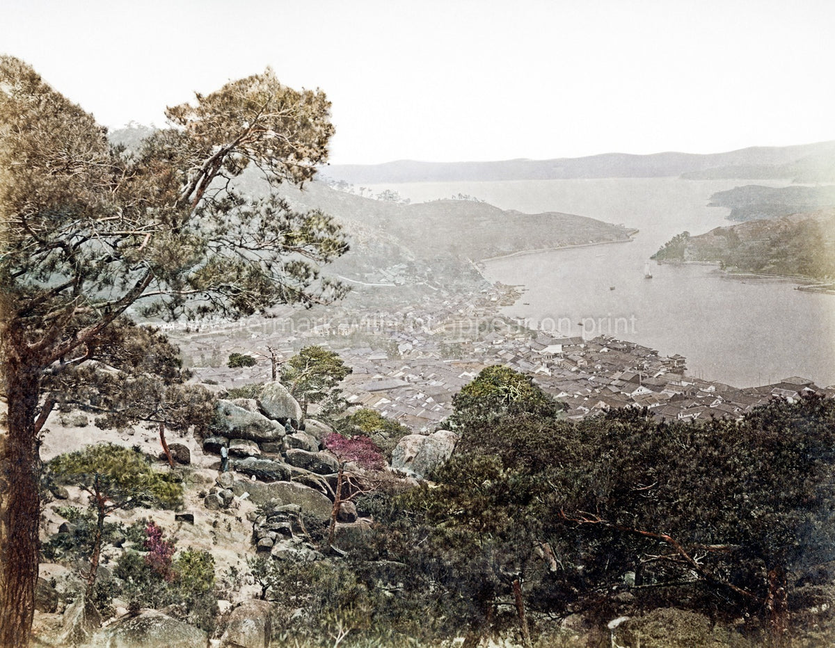 Nagasaki Harbour Japan Overlook Coastal Town Bay Pine Trees Vtg. Photo 19thC.