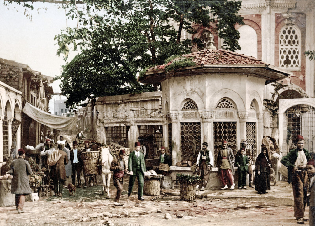 Constantinople Street Scene Ottoman Fountain Market People Vtg. Photo 19thC.