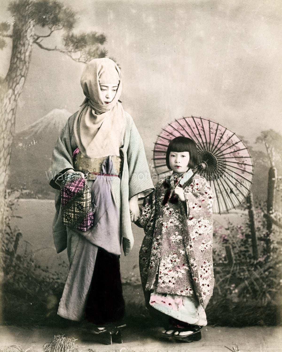 Japan Young Child Mother Nurse Parasol Kimono Traditional Vtg. Photo 19thC.