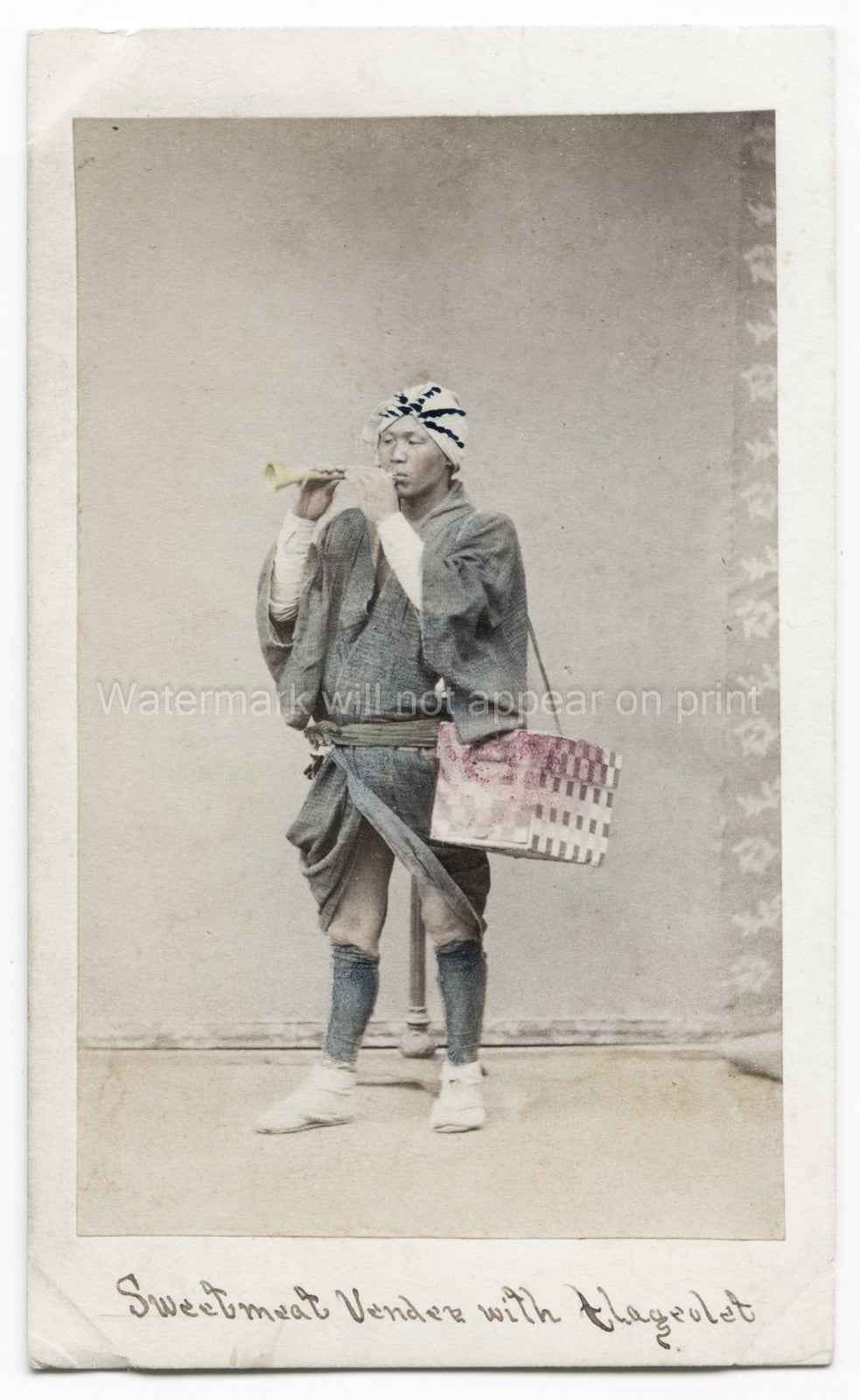 Japan Sweetmeat Vendor Confectionery Seller Musician Flageolet Vtg. Photo 19thC.