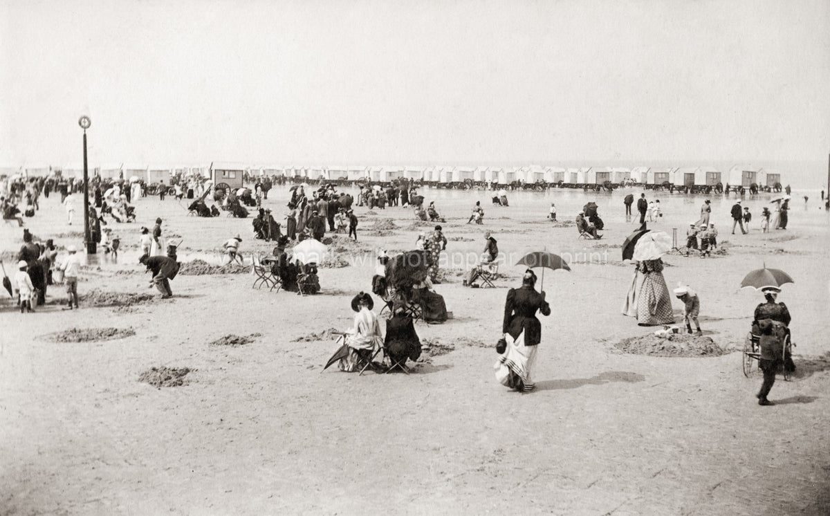 Ostend Belgium Beach Scene People Umbrellas Bathing Machines Vtg. Photo 19thC.