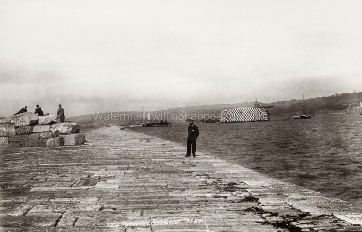 Plymouth Breakwater Seascape Stone Pier Men Fort Sailboat Vtg. Photo 19thC.