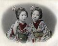 Japan Geishas Women Kimono Flowers Hairstyle Kanzashi Vtg. Photo Late 19thC.