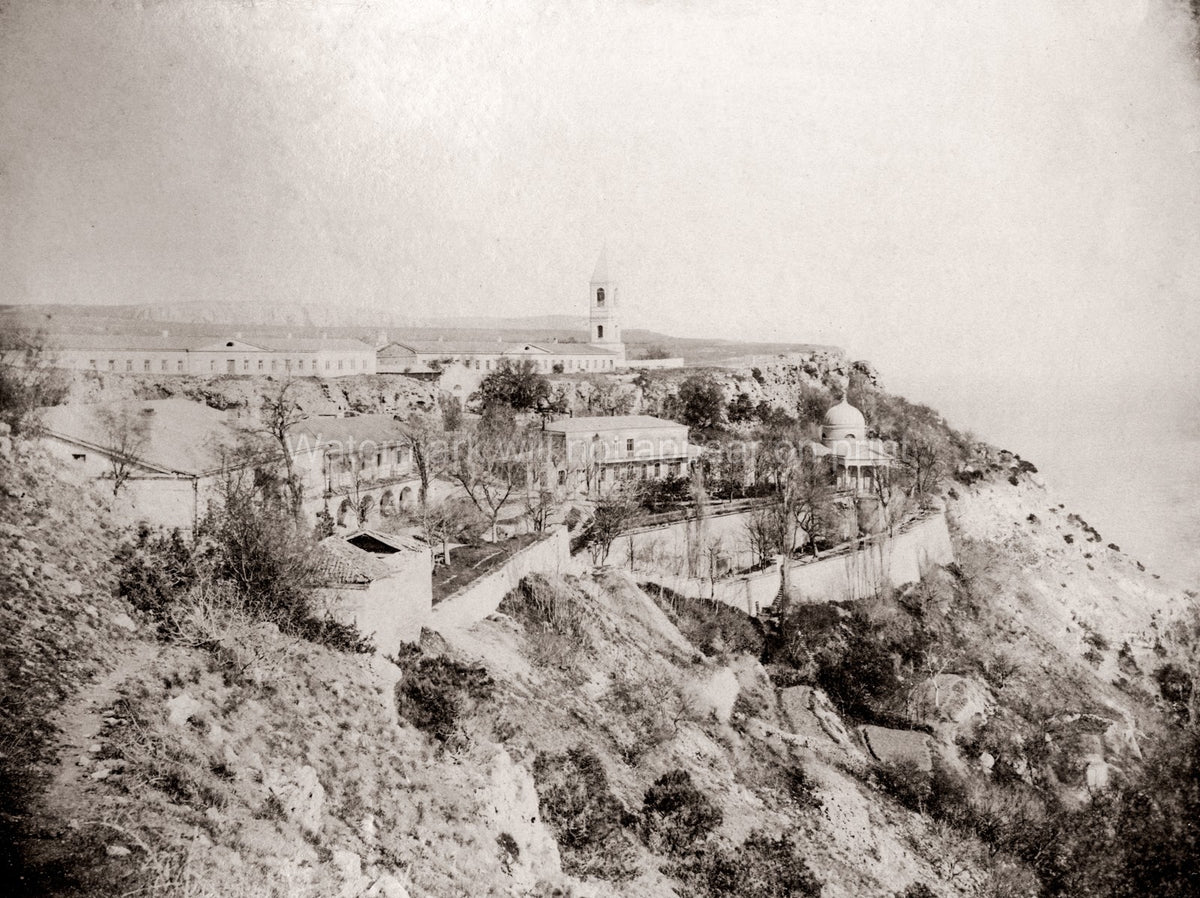 Crimea St. George Monastery Black Sea Cliffside Bell Tower Vtg. Photo 19thC.