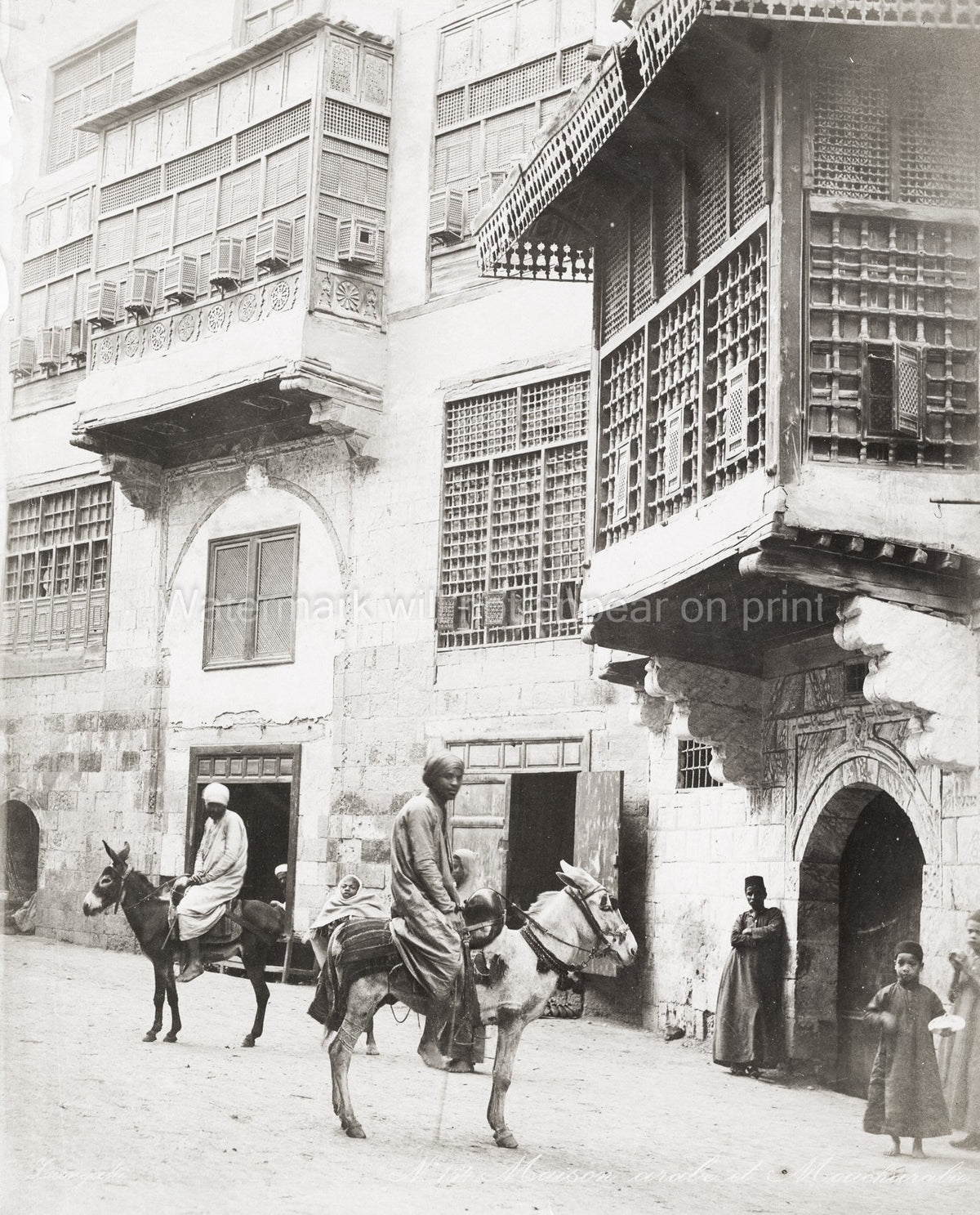 Old Cairo Egypt Street Scene Men Donkeys Architecture Vtg. Photo 19thC.