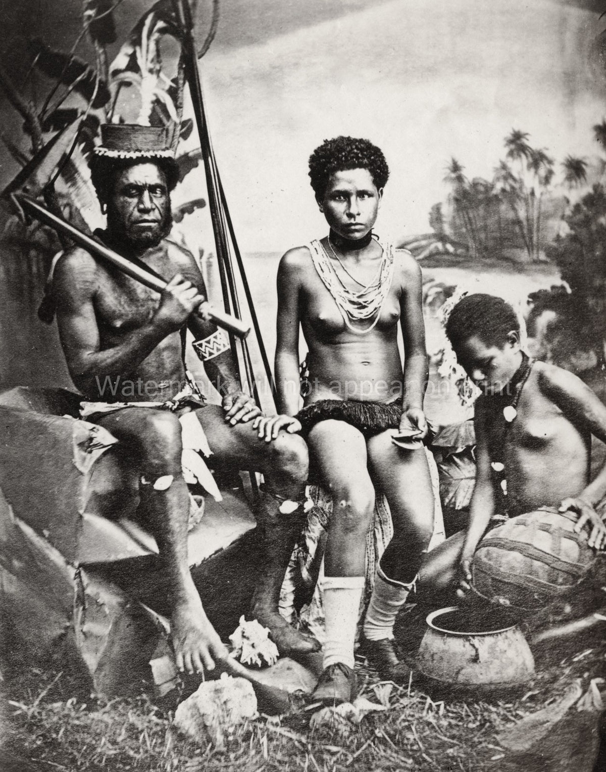 Pacific Islands Fiji Native Family Tribal Portrait Pottery Vtg. Photo 19thC.