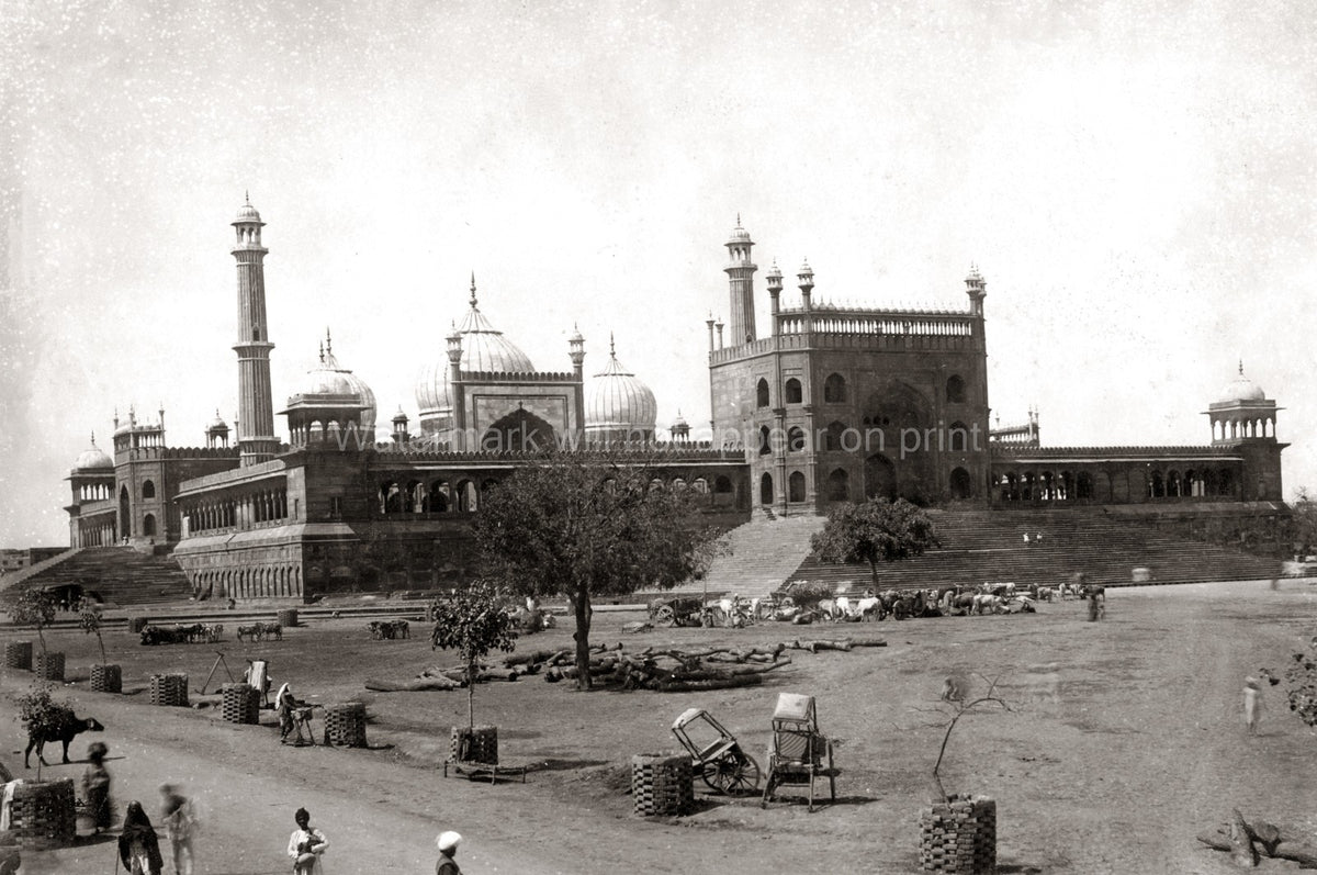 Delhi India Jama Masjid Mosque Market Traders Carts Minarets Vtg. Photo 19thC.