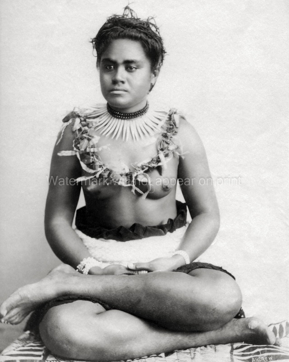 Samoan Girl Portrait Traditional Dress Jewelry Woman Samoa Vtg. Photo 19thC.