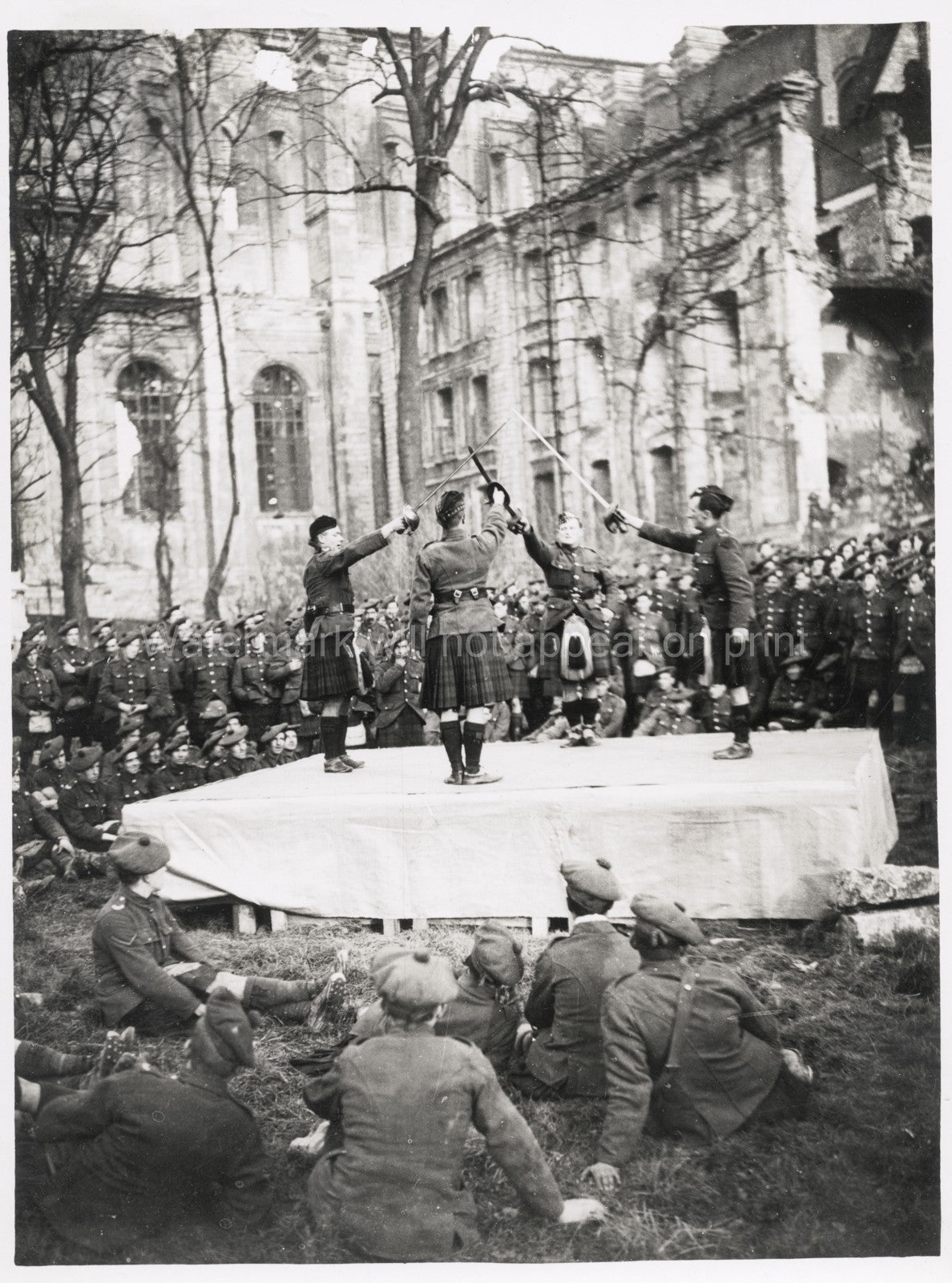 WW1 Highlanders Highland Dance Soldiers Kilts Ruins Performance Vtg. Photo