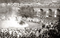 India Funeral Pyre Cremation Ceremony Crowd River Bridge Vtg. Photo 19thC.