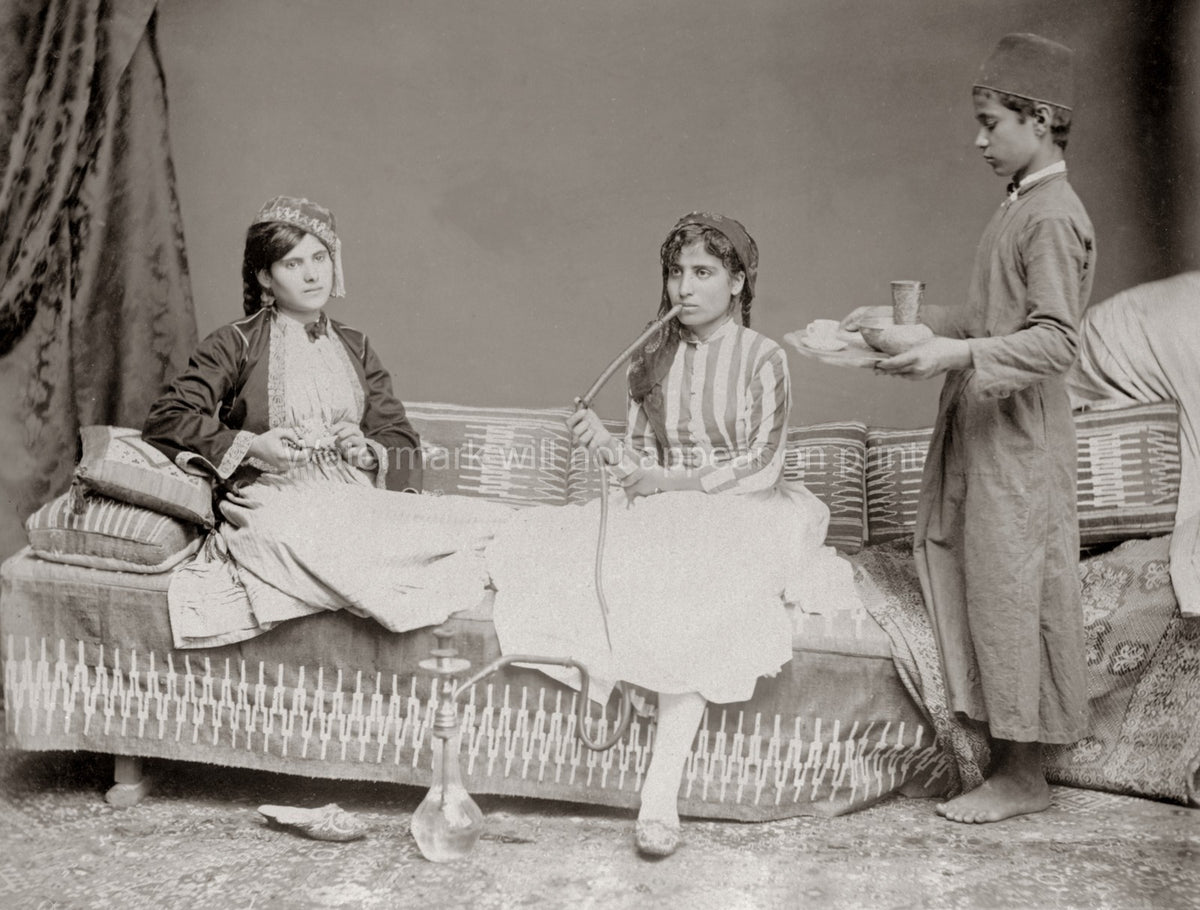 Egyptian Women Relaxing Smoking Hookah Served Coffee Fez Vtg. Photo 19thC.