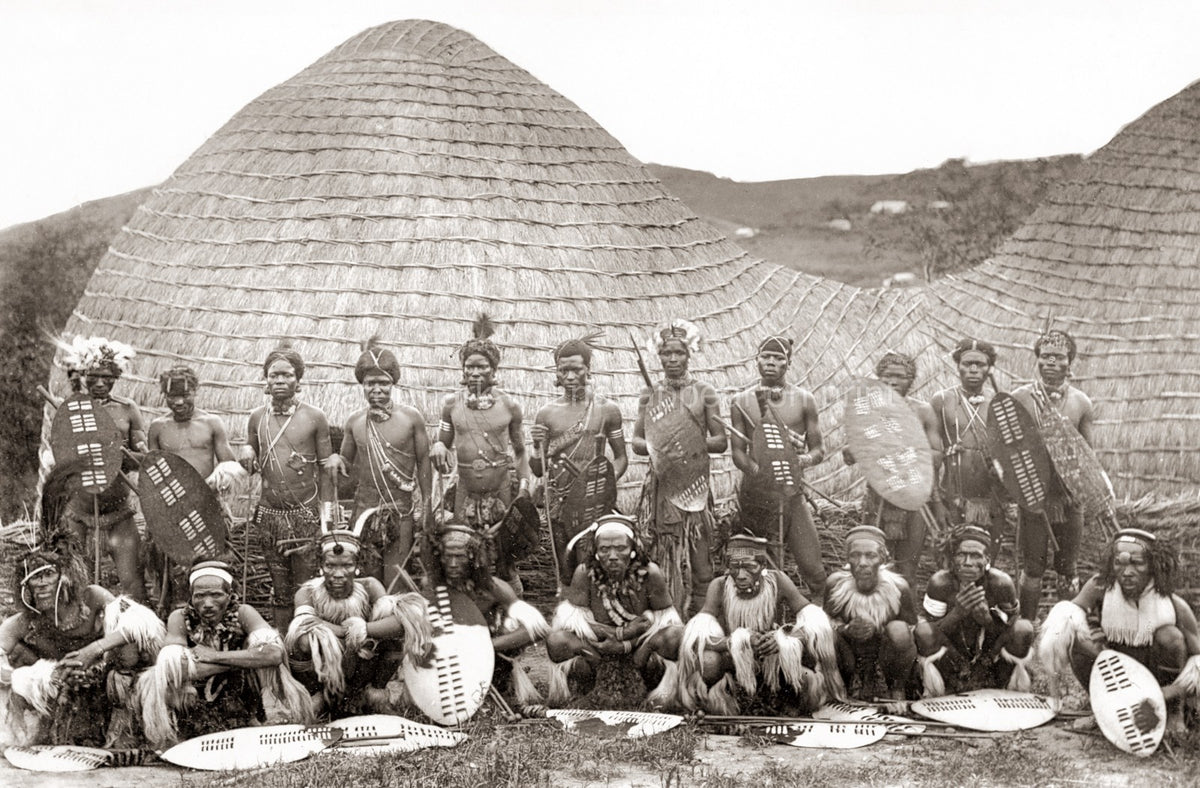 South Africa Zulu Tribesmen Warriors Shields Spears Huts Vtg. Photo 19thC.